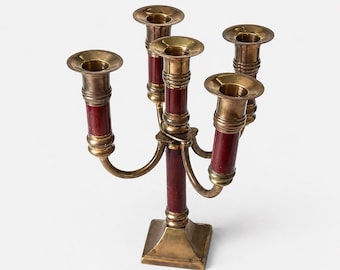 5 Armiger Kerzenleuchter Messing Tischkerzenleuchter Mahagoni Inlay 1970er Jahre