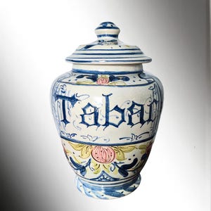 Hand-Painted Belgian Tobacco Jar: Cracked Glaze Ceramic, Floral Motif