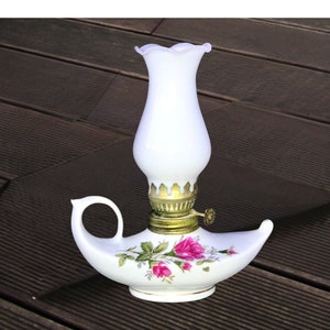 Vintage Ceramic Genie Lamp: Pink Floral Pattern, Gold Trim