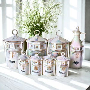 Antique Porcelain Spice and Cereal Jars by Brothers Benedikt, Czechoslovakia, Vintage 1930s, Set of 8 pc