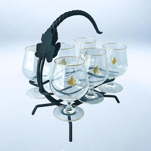 Vintage Napoleon Cognac Glasses: Gold Rimmed Set with Grapevine Stand