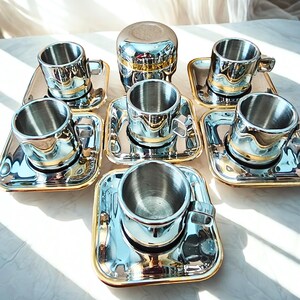 Coffee set, 6 thermo cups and sugar bowls, Zini brand, all stainless steel, like new 18/10 stainless steel and gold, 1980 Italy, vintage set