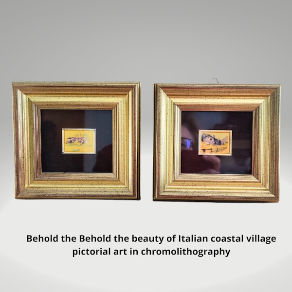 lot de 2 tableaux représentant un village et un paysage marin, chromolithographie picturale italienne dans un cadre doré, impression vintage avec cadre en feuille d'or