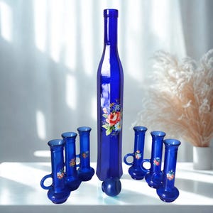 Limoncello set, bottle, and 6 shot glasses with handles made of blue glass with floral pattern, made in Italy serving  liqueur shot glasses