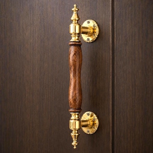 Tirador de puerta de madera de 335 mm con soportes metálicos, estilo vintage.