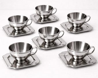 Set di 6 tazzine da caffè espresso in acciaio inox a doppia parete con piattini quadrati