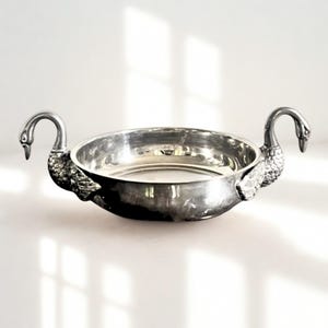 Swan bowl, Round dish, metal salad bowl with 2 swans. Silver color Vintage chic decor 60s, no hallmark