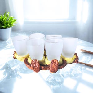 Italian Limoncello Shot Set: Mid-Century Barware with Ceramic Bear Tray