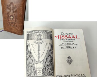 Roman Catholic Mass and Vespers 1956 Dutch Fine Print Antique Missal Hardcover - Gold Edged Pages Brown Leather Prayer Book