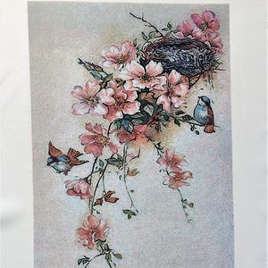Panneau de tissu floral - Imprimé gabardine avec roses, oiseaux et couronne - Carré en patchwork de cottage campagnard