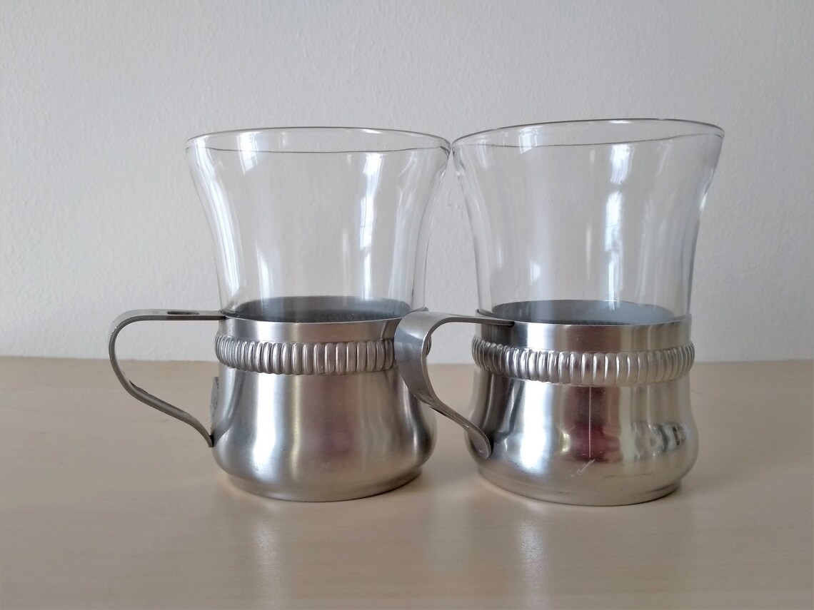Vintage French Coffee Mugs with Metal Holders Vintage Glass Etsy