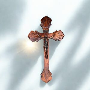 Antique Wooden Crucifix with Bronze Jesus 1950s Catholic Wall Cross Vintage Religious Decor