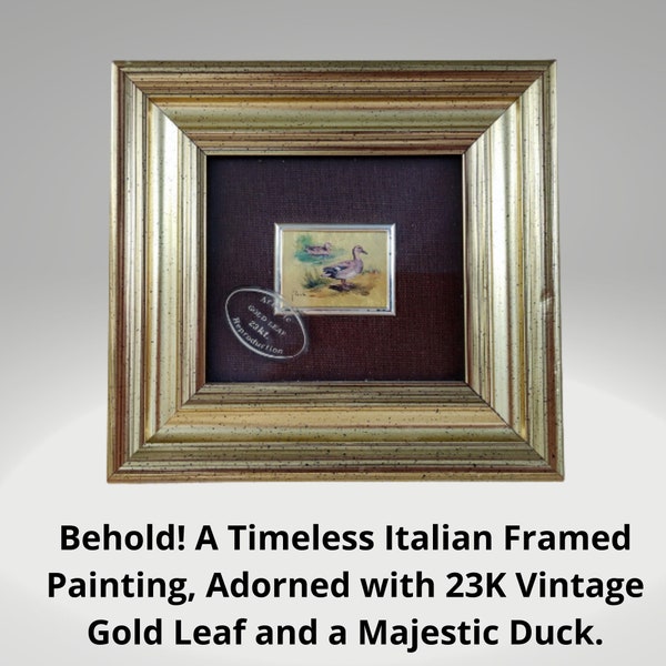 Framed painting with a duck on gold leaf Italy vintage gold leaf 23K vintage Italian gallery chromolithograph