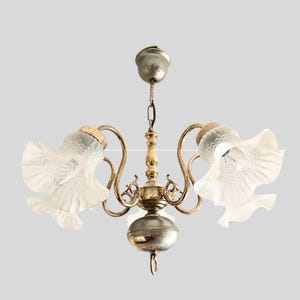 French Brass Chandelier: Mid-Century Frosted Glass, Antique Style