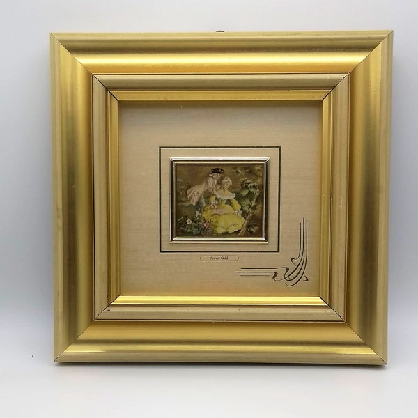 couple in love, gold leaf with people, Gold Foil Art Italy 23K gold leaf framed foil vintage Italian gallery Victorian era, chromolithograph