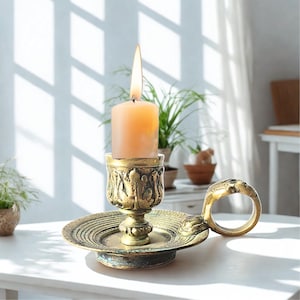 Vintage Brass Chamberstick Candle Holder: Farmhouse Taper Candle Decor