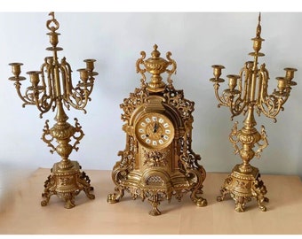 mantel clock with two five-horn candlesticks in the Rococo style antique brass mantel clock with 2 candelabra fireplace clock