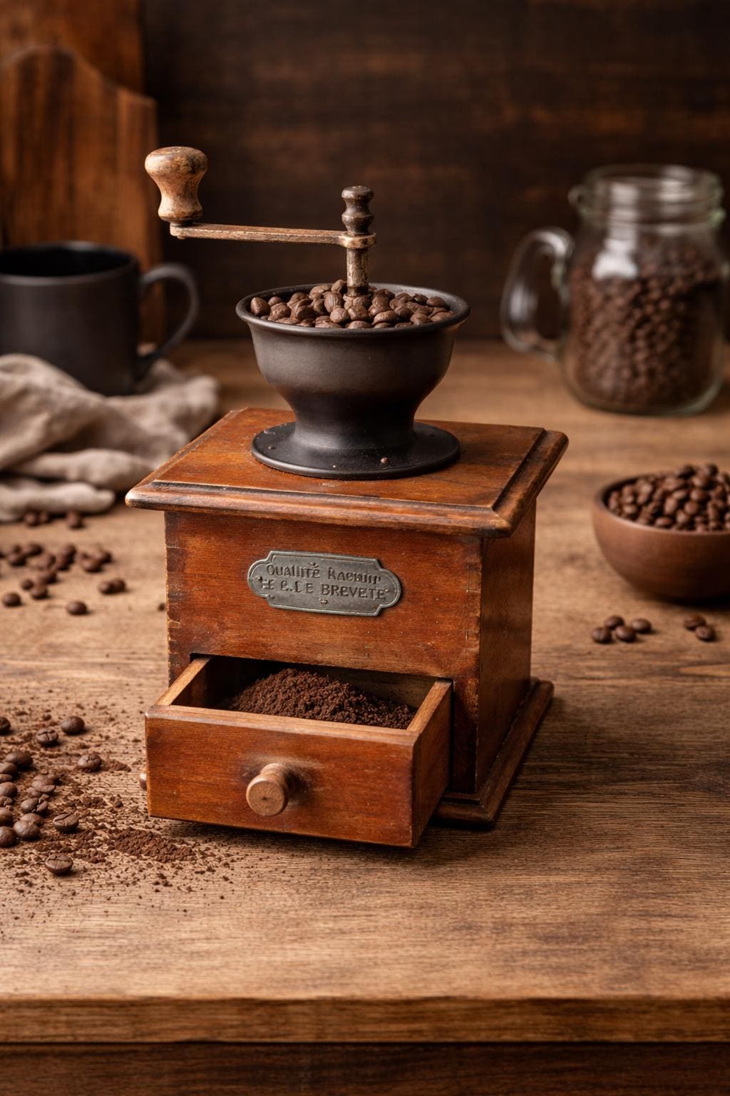 Wooden Box Coffee Mill Cast Iron Hand Crank Kitchen Grinder 1930s