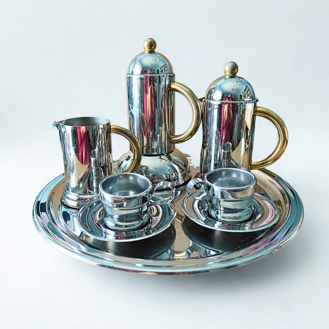 Set Of Espresso Coffee Maker Milk Jug Round Tray 2 Cups With Saucers Set Of Espresso Coffee Maker Milk Jug Round Tray 2 Cups With Saucers