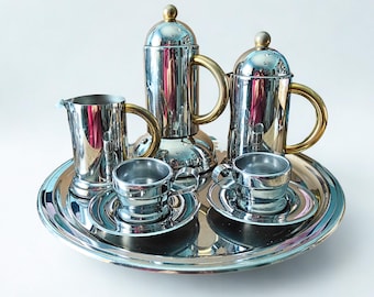 1980s Italian Coffee Set: Stainless Steel & Gold Espresso Maker
