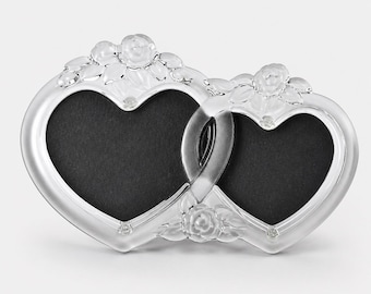 Cornice portafoto doppia a forma di cuore in vetro, 2 aperture, da tavolo, satinata, 27 cm