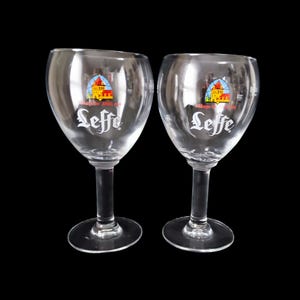 Leffe beer glasses set of 2 – vintage Belgian chalice goblets with etched logo – 1980s collectible barware