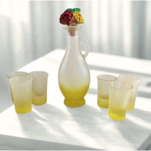 Set of limoncello glasses, 6 shot glasses, and carafe with lemon lid, serving bottle, Italian version original packaging