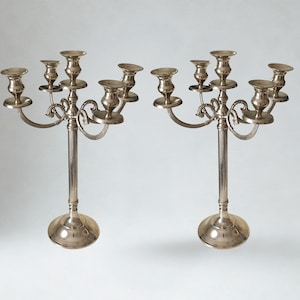 Può includere: Due candelabri argentati con più bracci, ciascuno con coppe per candele. I candelabri hanno un design classico con una base rotonda e uno stelo centrale. Le braccia si incurvano con grazia e l'aspetto generale è elegante e decorativo.