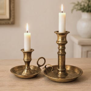 Puede incluir: Dos candelabros de latón con bases circulares y asas laterales, cada uno con un tallo central y una bandeja ancha. Cada candelabro contiene una vela de pilar blanca con una llama encendida, creando un brillo cálido sobre las superficies.