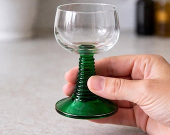 Green Wine Glasses Set of 6, Ribbed Stem Goblets, Emerald Glassware, Retro Barware Set