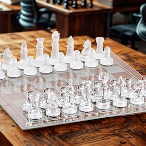 Glass Chess Set: Matte & Clear Squares, Original Box, Small Decorative Game