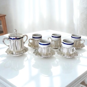 Vintage Italian Espresso Set: Porcelain Mugs, Silver Coasters & Sugar Bowl