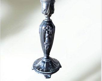 antique French metal candlestick with art deco style Virgin Mary depictions and rose decor