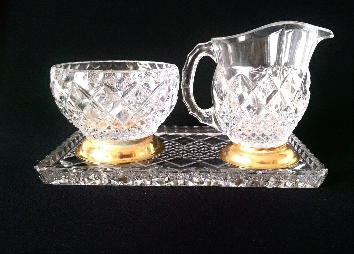 Crystal set of a milk jug and sugar bowl Crystal and gold Etsy