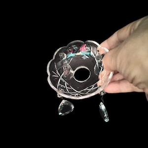 Glass bobeché with pendants – chandelier part for antique lamp repair – vintage crystal drop cup