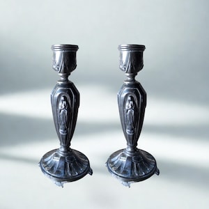 French Art Deco Candlesticks Virgin Mary Silver Metal Pair 6 Inch