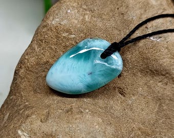 Natural Larimar Crystal Necklace: Adjustable Silk Cord, Birthstone Jewelry