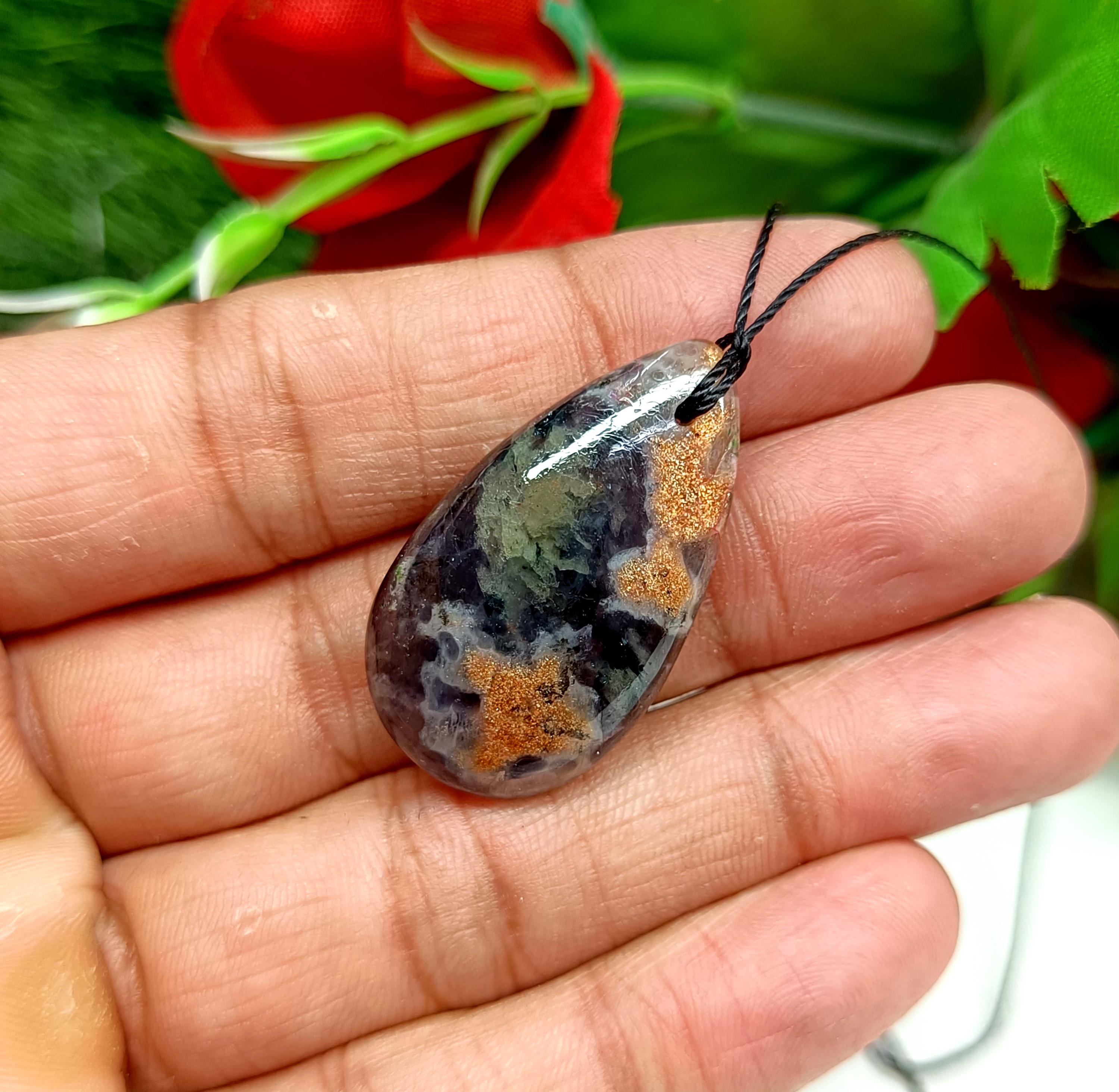 Iolite Sunstone Pear Pendant Necklace - Silk Cord Crystal Jewelry