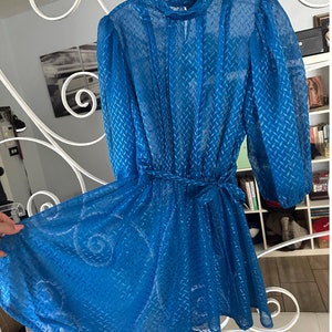 Vintage Electric Blue Sheer Puff Sleeve Mini Dress Size S