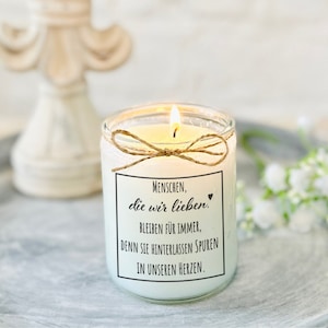 Remembrance light, mourning candle, candle in a glass, memorial candle with saying and cord &quot;People we love...&quot;