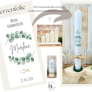 Candle foil, candle tattoo, eucalyptus wreath &quot;Marlene&quot;, fish | cross | gold | Communion candle | Christening candle - personalized candle sticker DIY