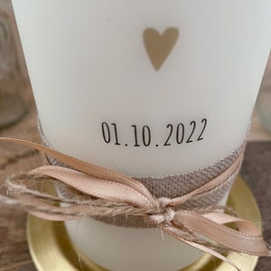 Wedding candle Katharina with mini heart gold minimalist simple calligraphy with jute & cord image 3