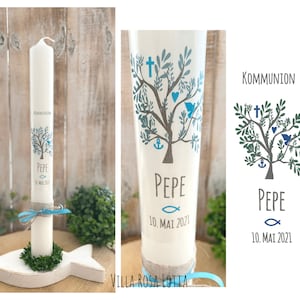 Communion Candle Baptism Candle Tree of Life Tree of Life Pepe Faith Love Hope Peace Heart Cross Anchor Dove dark green green medium blue