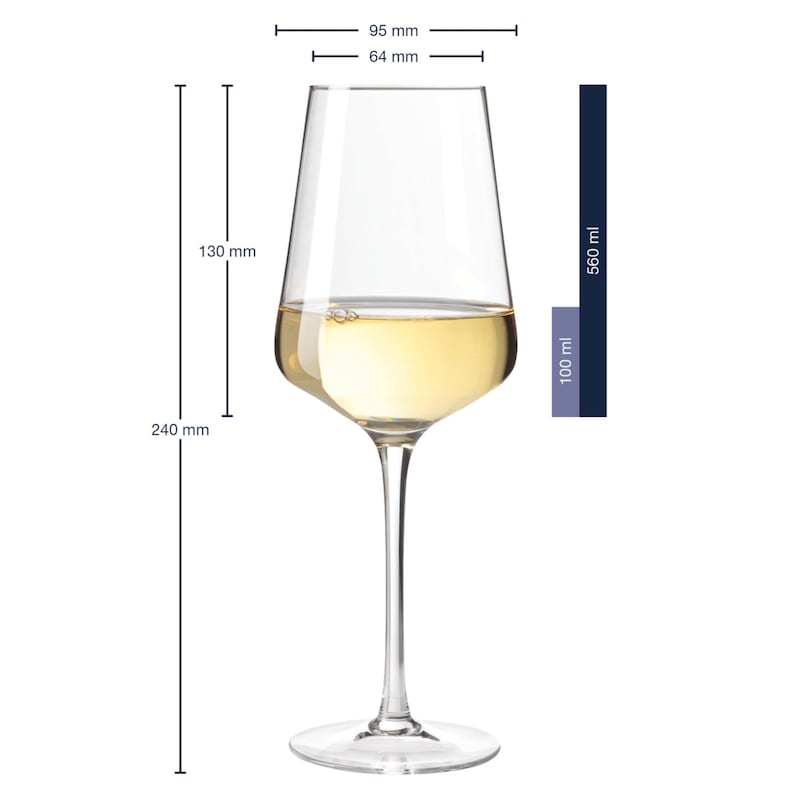 May include: A clear glass wine glass filled with pale yellow liquid. Technical diagrams indicate a total height of 240 mm, a bowl height of 130 mm, a top diameter of 64 mm, a maximum width of 95 mm, a total capacity of 560 ml, and a 100 ml fill level.