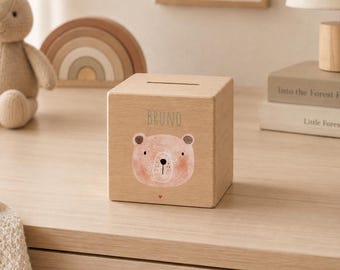Personalisierte Spardose Holz mit Namen | Teddybär | Bär | Kinder Sparschwein | Geschenk Geburt Taufe Geburtstag | Sparbüchse mit Schloss