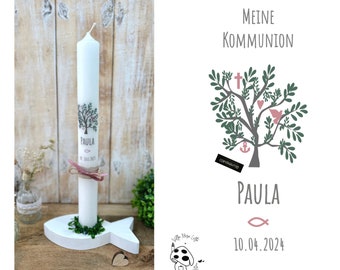 Communion candle tree of life baptism candle Mia faith love hope peace heart cross anchor dove dark green green old pink pink