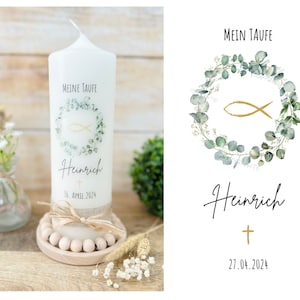 Baptism candle, communion candle, confirmation candle "Heinrich" wreath | Leaf wreath | fish | gold | eucalyptus