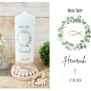 Vela bautismal con corona de eucalipto | pez | dorado · personalizada con nombre y fecha · para niños y niñas con nombre y fecha "Heinrich"