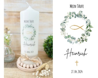 Baptism candle, communion candle, confirmation candle "Heinrich" wreath | Leaf wreath | fish | gold | eucalyptus