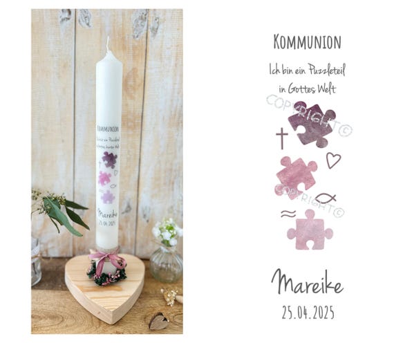 Kommunionkerze Puzzleteil christliche Symbole Kreuz Herz Wellen Fisch rosa Taufkerze rosa Band Motto 2027 „Unser Fest mit Jesus“